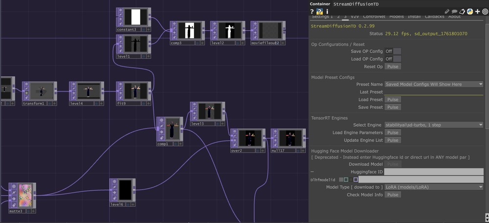 TD 节点管线 StreamDiffusionTD 引擎 — sd-turbo 1 step 29.12fps