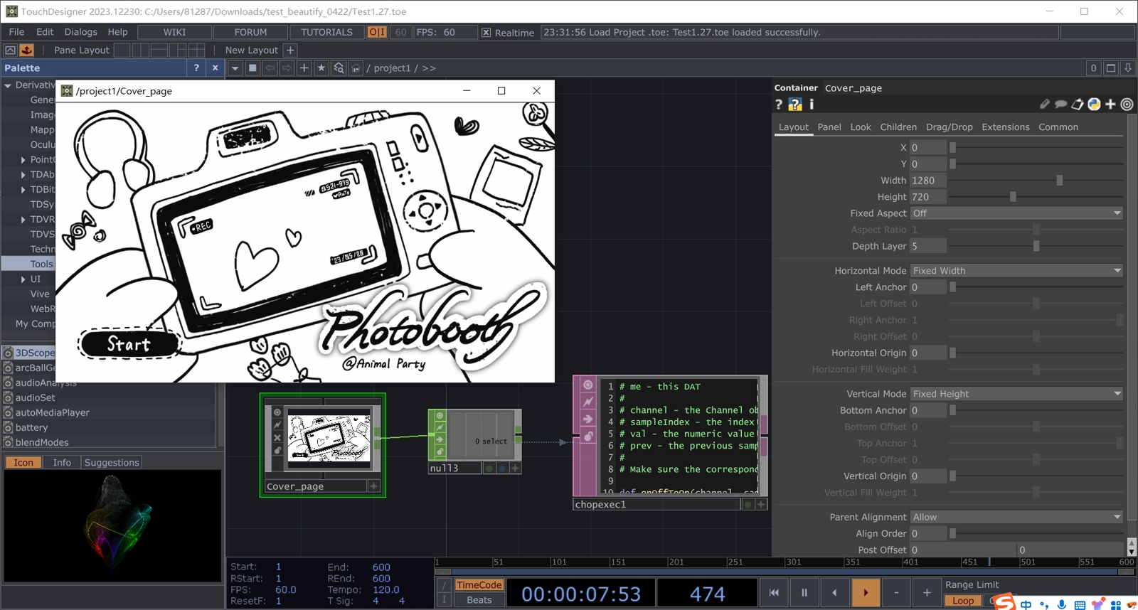 TouchDesigner 编辑器实景 — PhotoBooth cover_page UI（Photobooth @Animal Party 手绘相机）+ 节点网络 + PhotoBooth Extension 参数面板