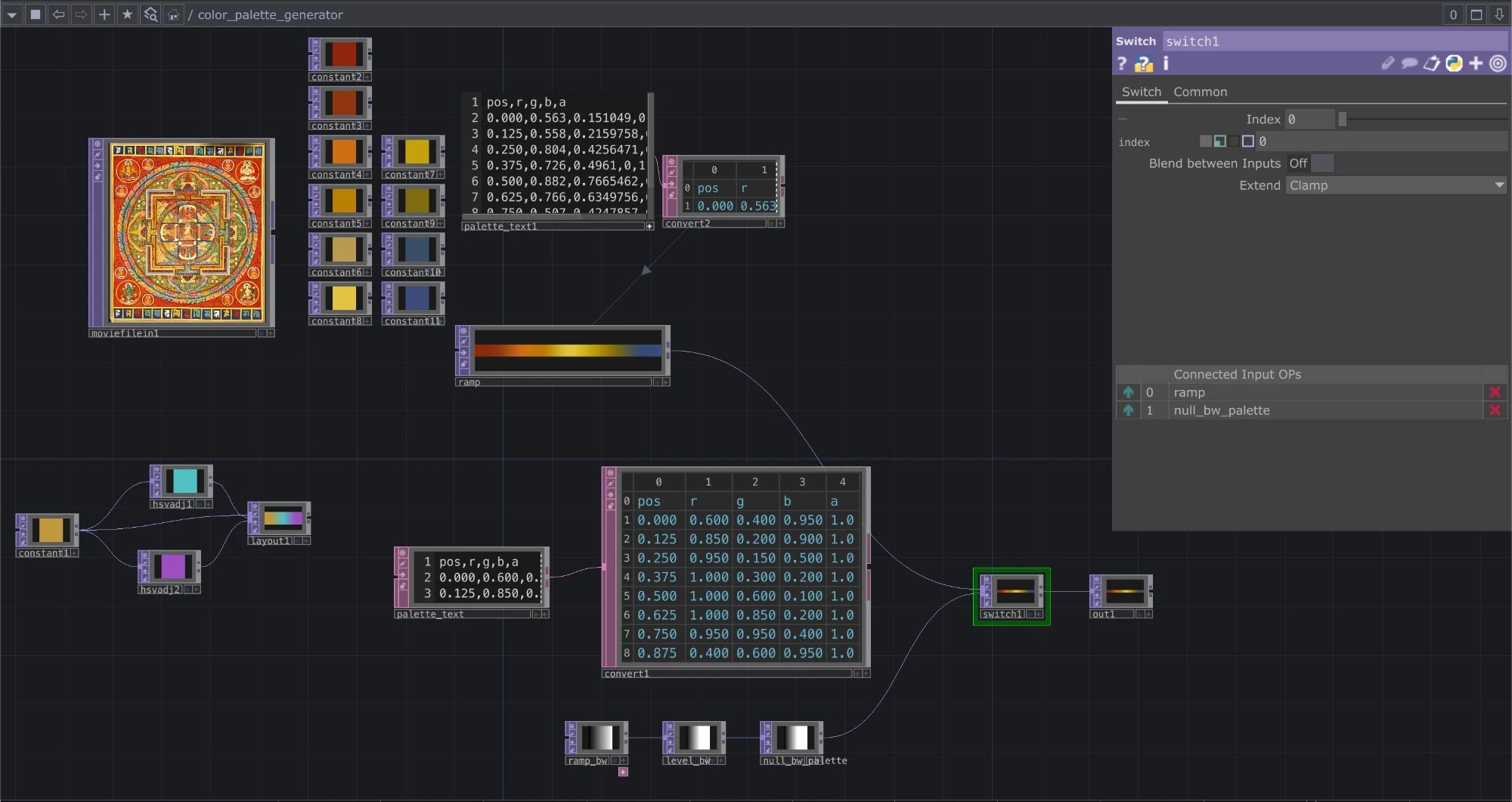 color_palette_generator.tox 插件内部色板 — 真实取样色板 + Ramp TOP 渐变